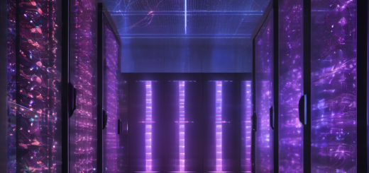 AI security system analyzing network traffic with threat indicators being neutralized in a high-tech data center
