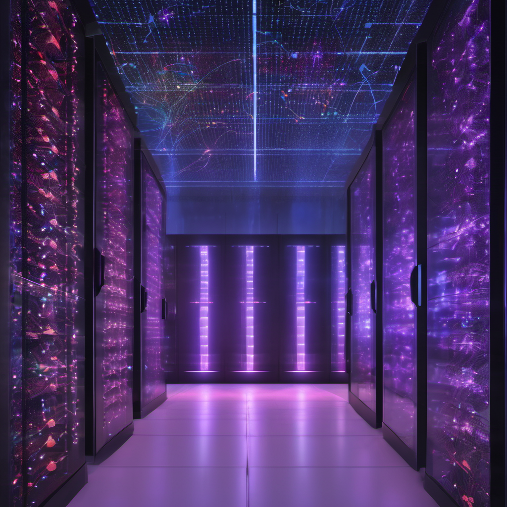 AI security system analyzing network traffic with threat indicators being neutralized in a high-tech data center