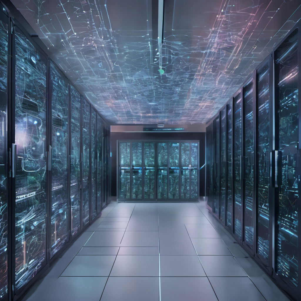 AI processing unit analyzing video data streams with holographic projections of neural networks and motion detection algorithms in a server room.