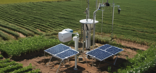 A modern AI processing unit connected to environmental sensors in a field, with crops and a weather station in the background, showing real-time data analysis for smart agriculture and environmental monitoring.