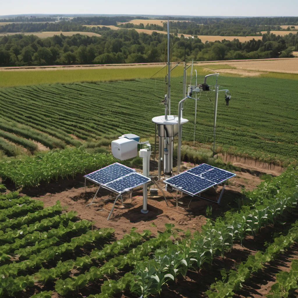 A modern AI processing unit connected to environmental sensors in a field, with crops and a weather station in the background, showing real-time data analysis for smart agriculture and environmental monitoring.