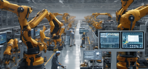 Futuristic smart factory with AI Local systems, robotic arms, and real-time data visualization screens showing production monitoring.