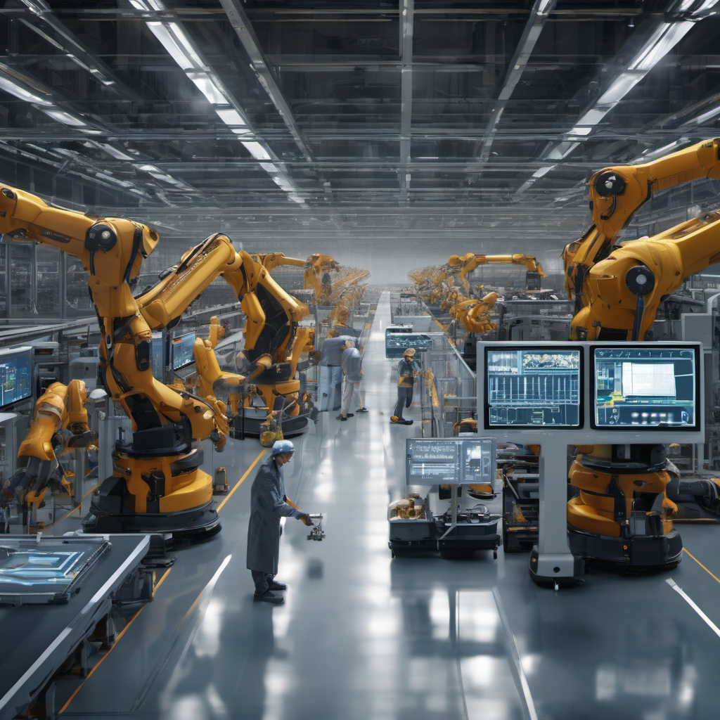 Futuristic smart factory with AI Local systems, robotic arms, and real-time data visualization screens showing production monitoring.