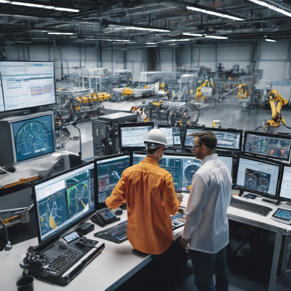 Holographic control room with predictive maintenance analytics, engineers using AR interfaces, and 3D machinery models.