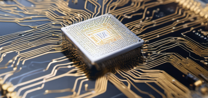 IoT device with AI chip processing data locally, surrounded by encrypted data streams in a high-tech lab