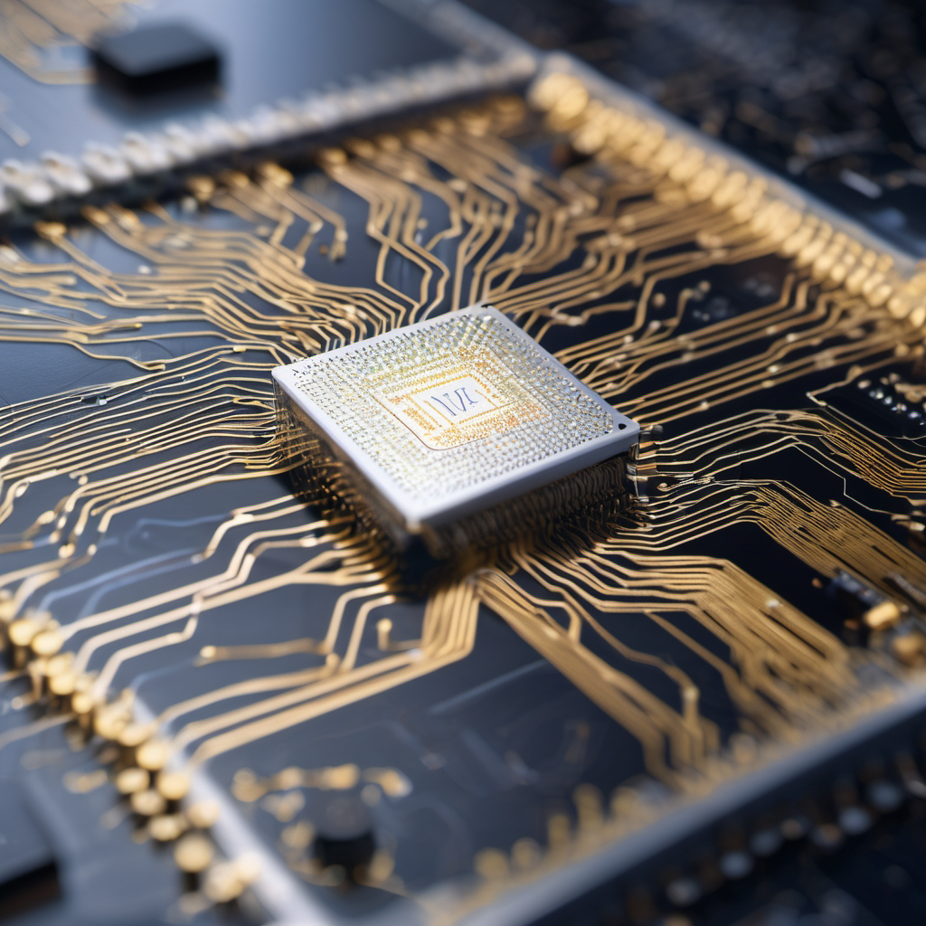 IoT device with AI chip processing data locally, surrounded by encrypted data streams in a high-tech lab
