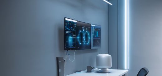 AI Local security system in a corporate office, showing cameras, sensors, and local server processing data without internet.