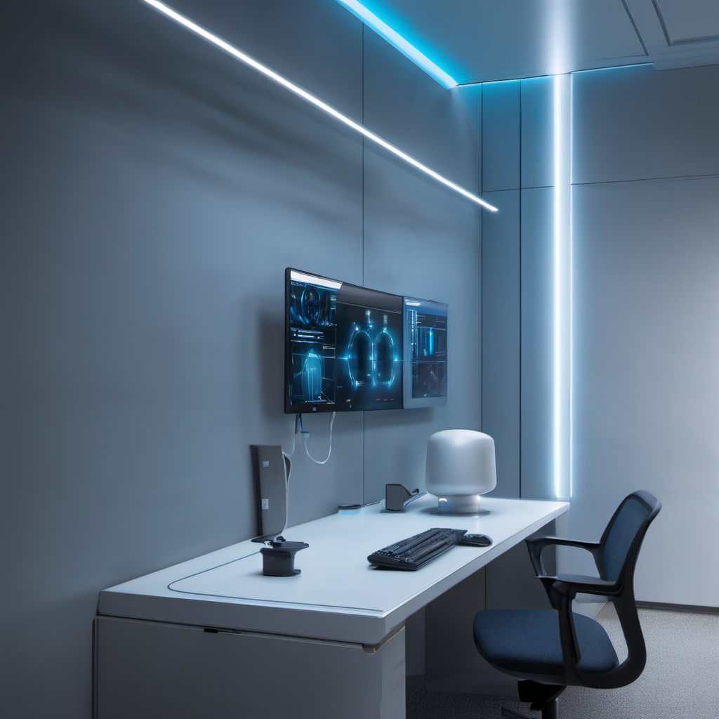 AI Local security system in a corporate office, showing cameras, sensors, and local server processing data without internet.