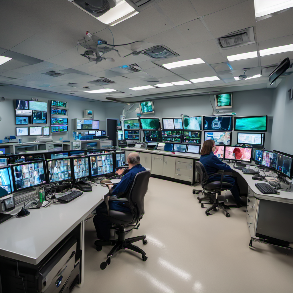 AI Local security monitoring in a hospital control room, showing live feeds and mobile alerts processed locally.