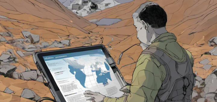 Person using an offline translation device in a remote area with no internet connectivity.
