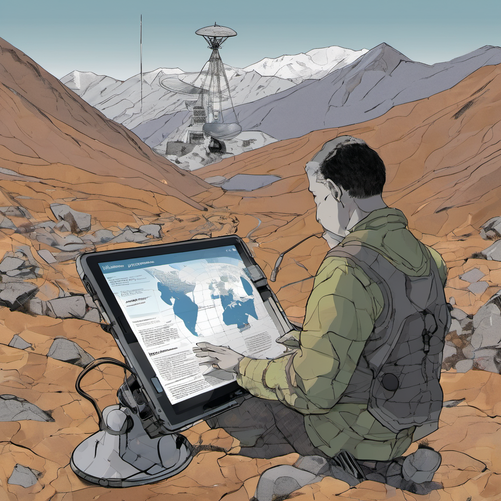 Person using an offline translation device in a remote area with no internet connectivity.