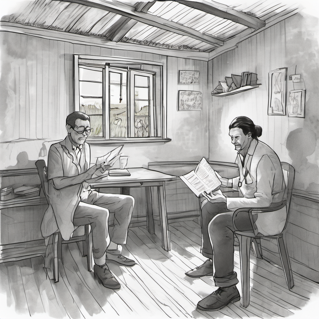Doctor using offline translation tool to communicate with patient in a rural clinic.