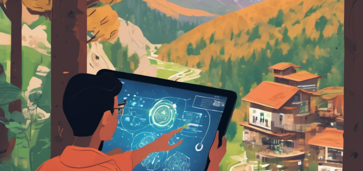 Student using an offline AI tablet in a mountainous region with personalized learning interface