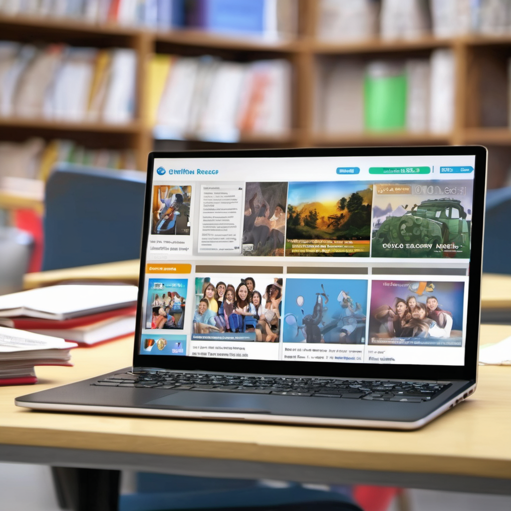 Classroom with laptop displaying offline educational content and interactive exercises