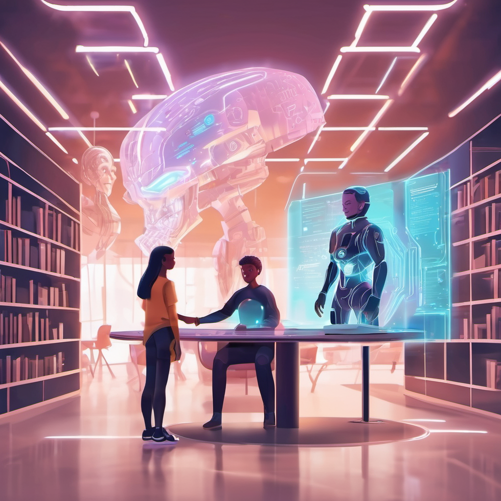 Holographic AI tutor assisting student in a futuristic library setting