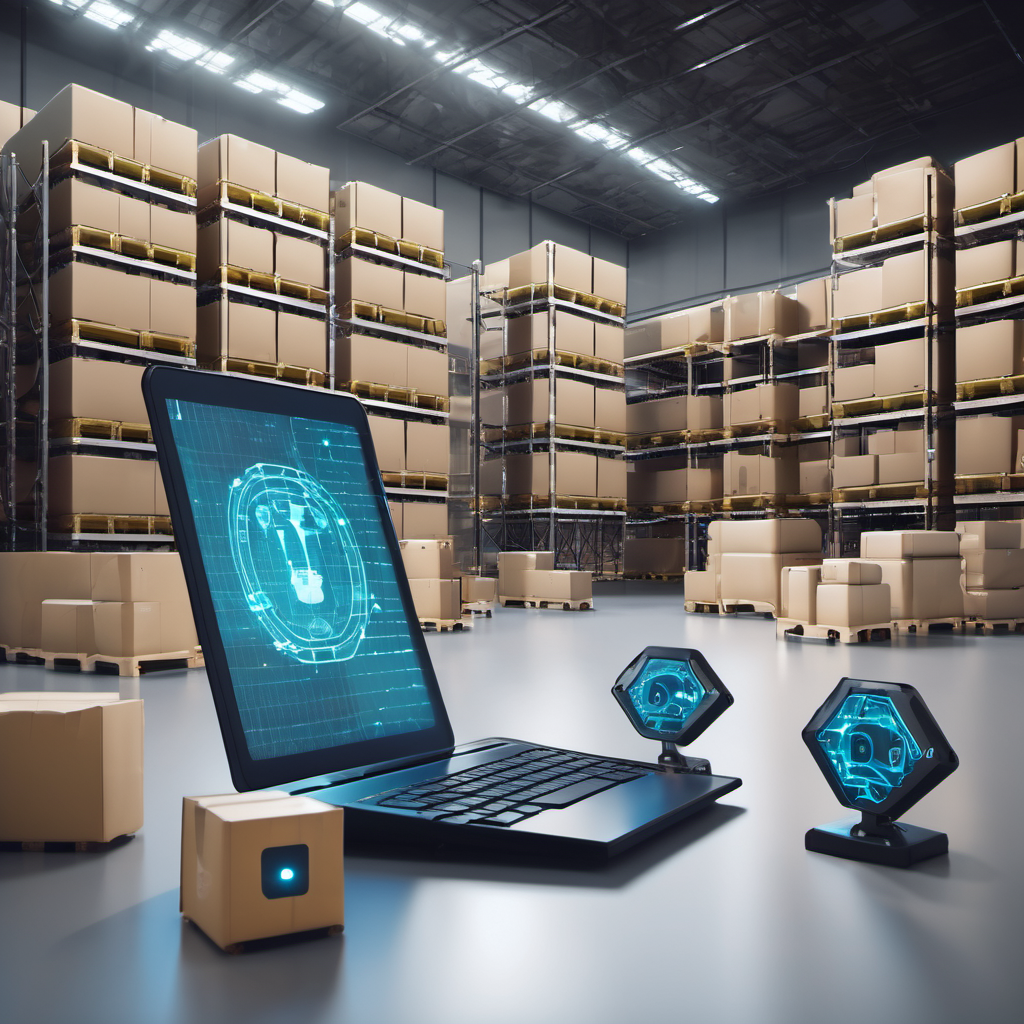 Logistics robots and blockchain verification in a warehouse, highlighting AI Local's impact on secure, offline logistics operations.