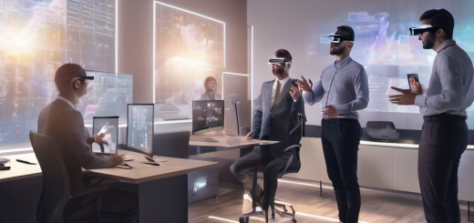 A group of professionals in a virtual office environment using AR glasses to interact with 3D models and data visualizations.
