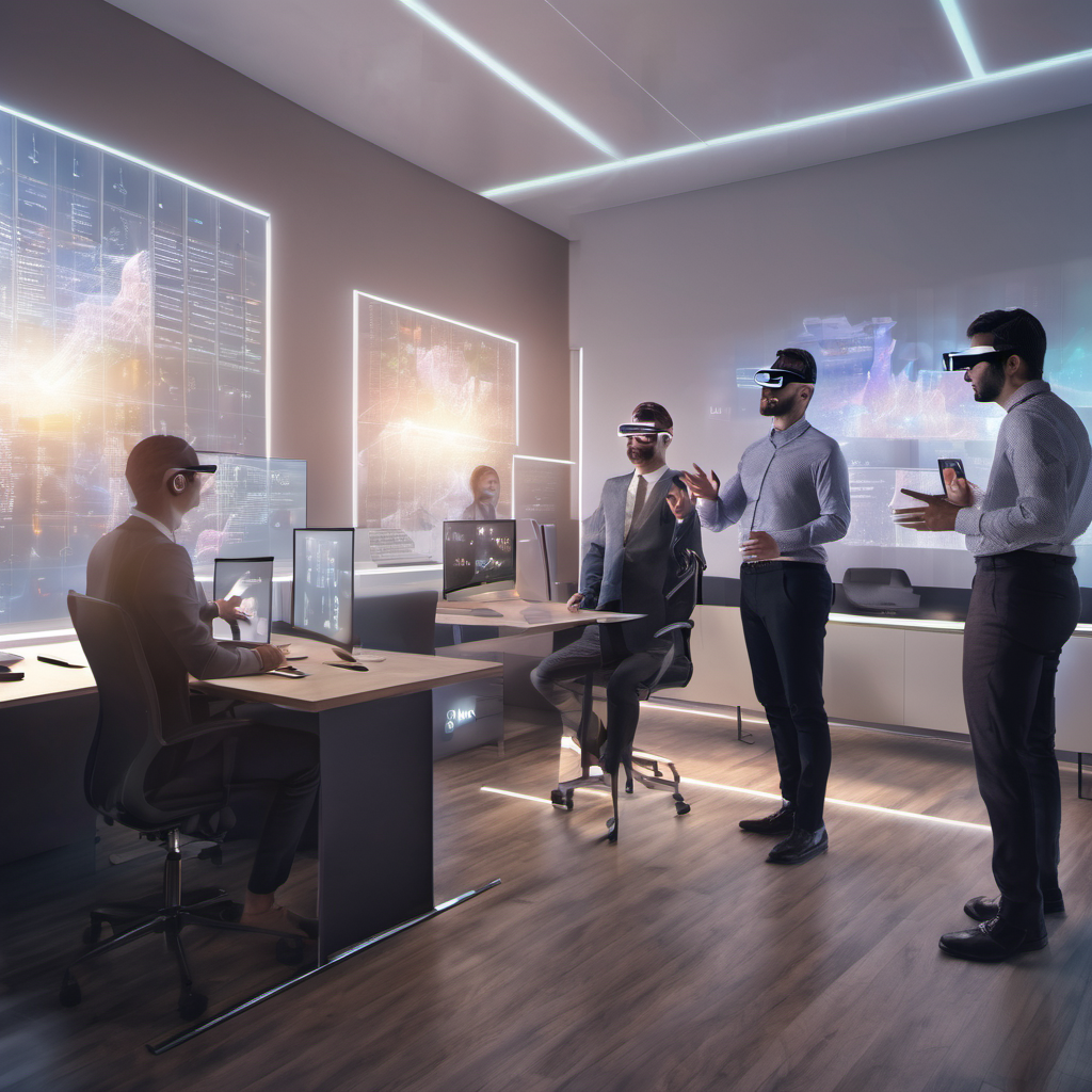 A group of professionals in a virtual office environment using AR glasses to interact with 3D models and data visualizations.