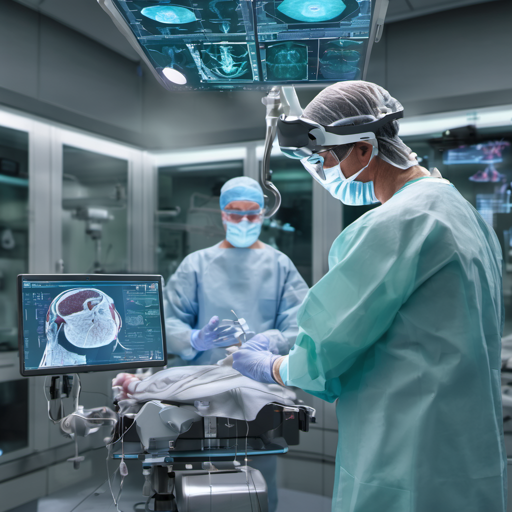 A surgeon wearing an AR headset, visualizing holographic medical data during a complex procedure.