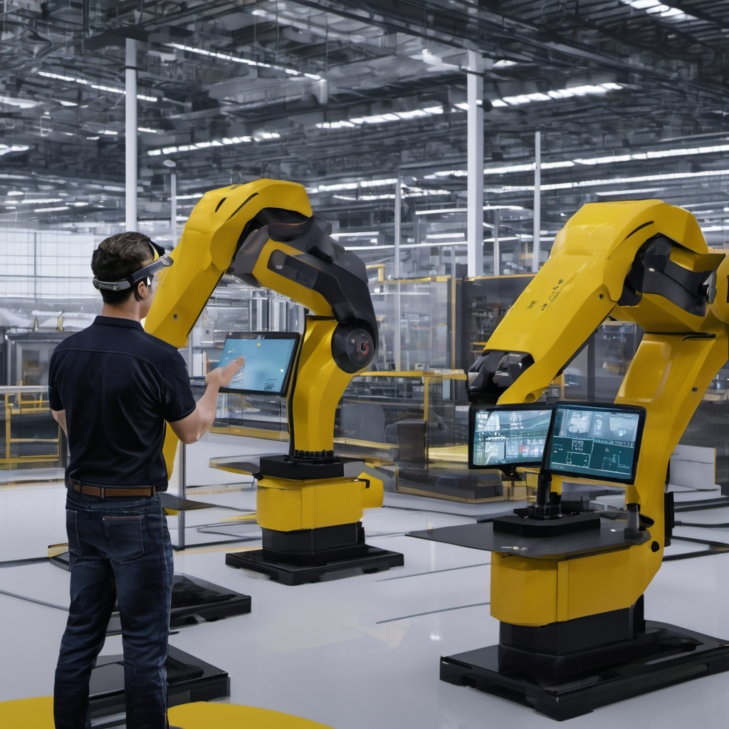 Factory workers using AR glasses to visualize and interact with AI-powered 3D machinery simulations.
