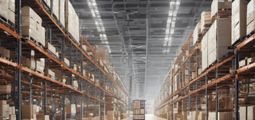 Modern warehouse with AI Local technology showing real-time inventory tracking via IoT sensors and a tablet dashboard.