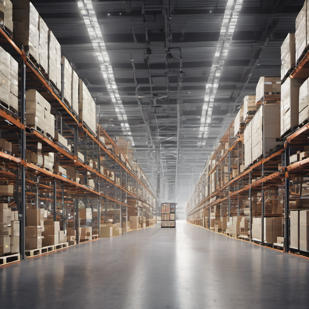 Modern warehouse with AI Local technology showing real-time inventory tracking via IoT sensors and a tablet dashboard.
