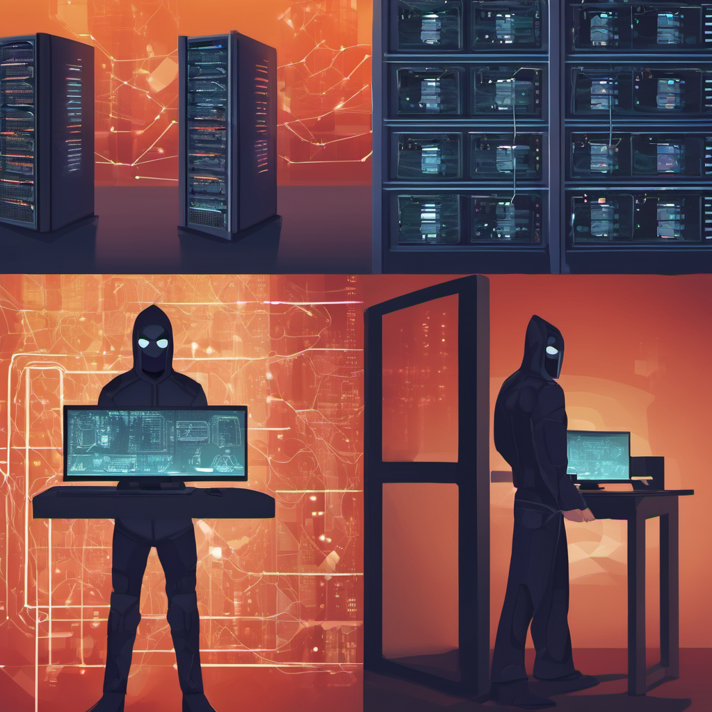 Secure data center with encrypted servers and a hacker attempting to breach a firewall