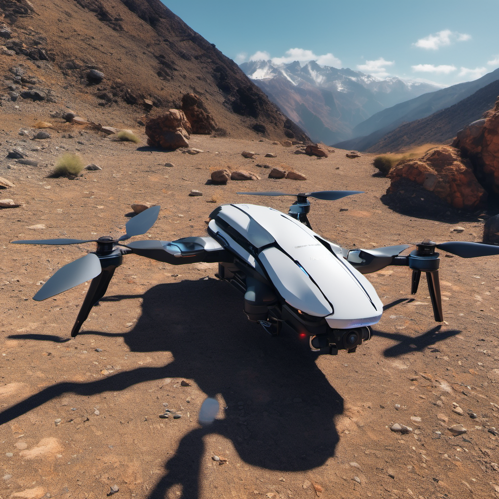 Autonomous drone and robot traversing rocky terrain with sensor arrays and camera systems, operating independently without internet connectivity