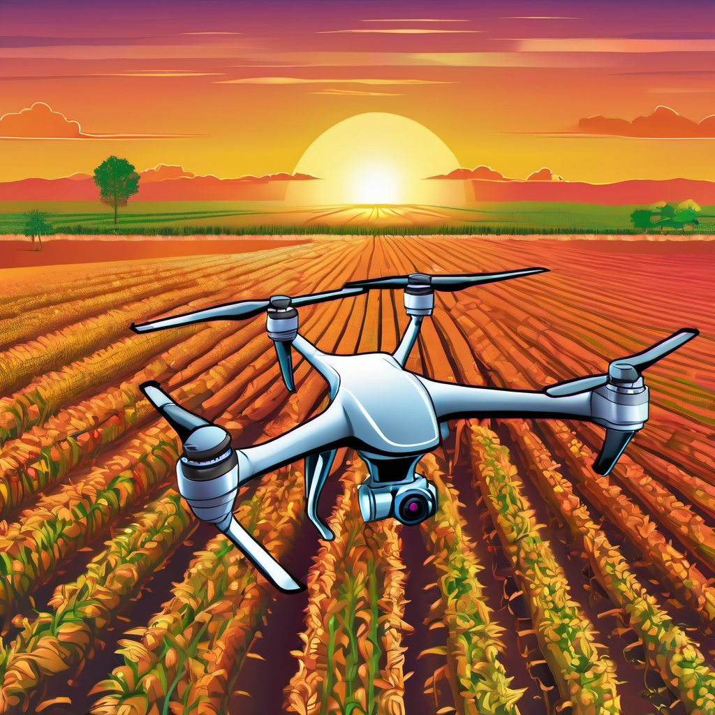 Drone with thermal camera scanning crops in a field at sunset, demonstrating offline agricultural monitoring capabilities
