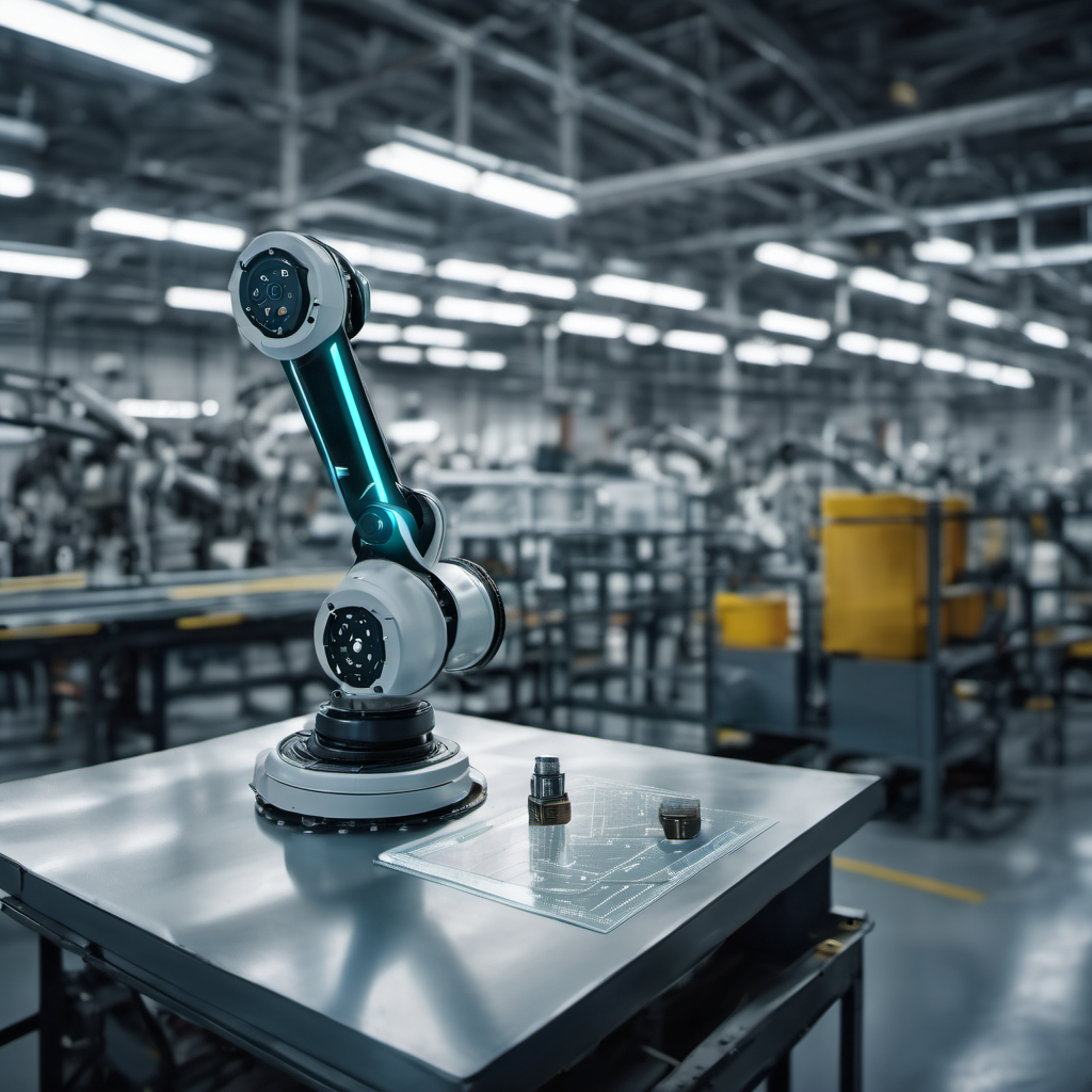 Robotic arm in manufacturing setting with holographic data interface, showcasing autonomous learning and processing capabilities
