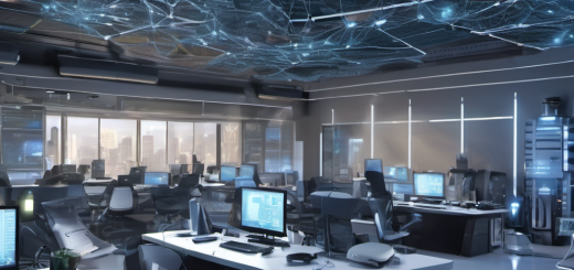 AI Local automating network configuration in a modern office with interconnected devices.