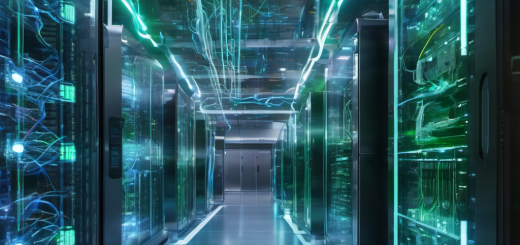 Futuristic hospital data center with AI-driven network optimization, glowing cables, and holographic interfaces analyzing data streams.