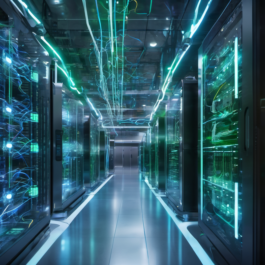 Futuristic hospital data center with AI-driven network optimization, glowing cables, and holographic interfaces analyzing data streams.