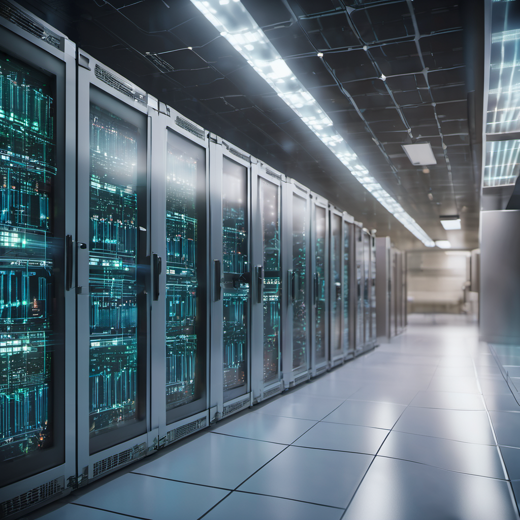 Secure hospital server room with AI monitoring systems and encrypted data transmission across a LAN.