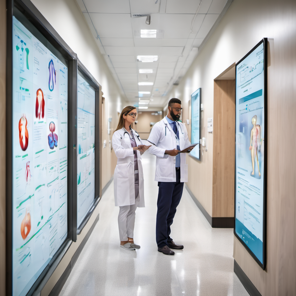 Hospital corridor with doctors accessing secure patient data via tablets and holographic displays showing AI-driven efficiency gains.