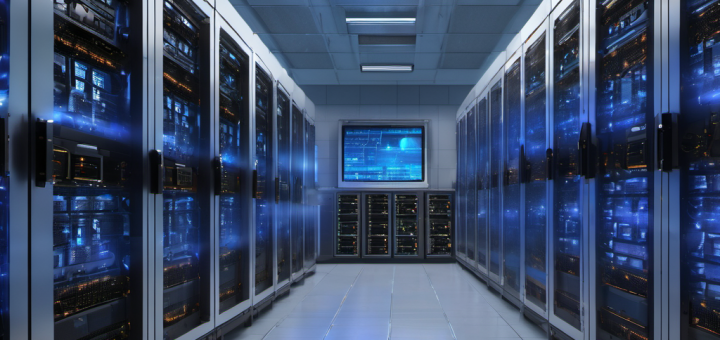 Server room with AI temperature control system, glowing interface panels, and cooling vents
