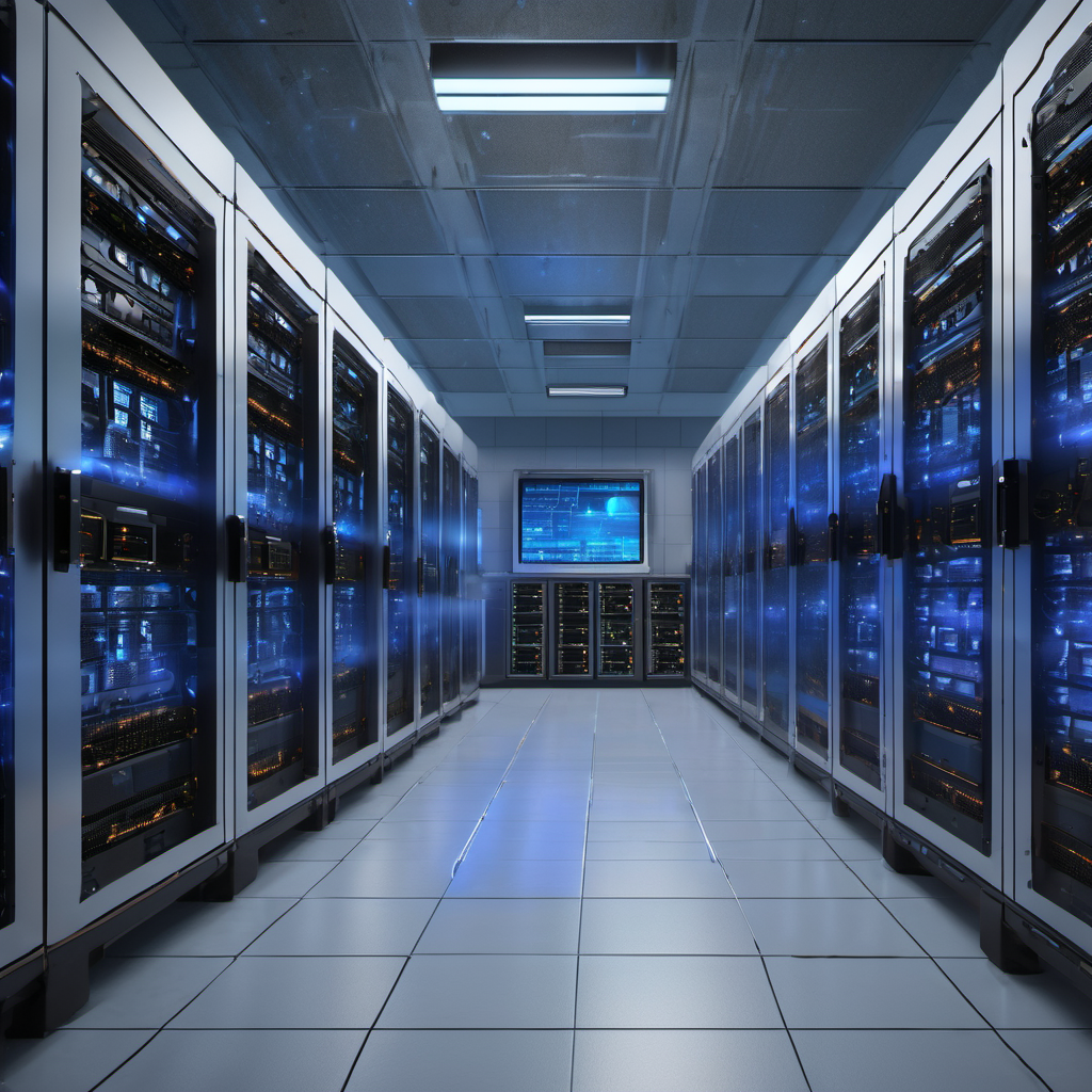 Server room with AI temperature control system, glowing interface panels, and cooling vents
