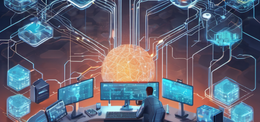 AI-powered network security system monitoring local devices and servers in a modern office setting.