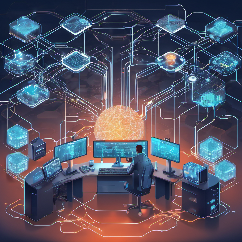 AI-powered network security system monitoring local devices and servers in a modern office setting.