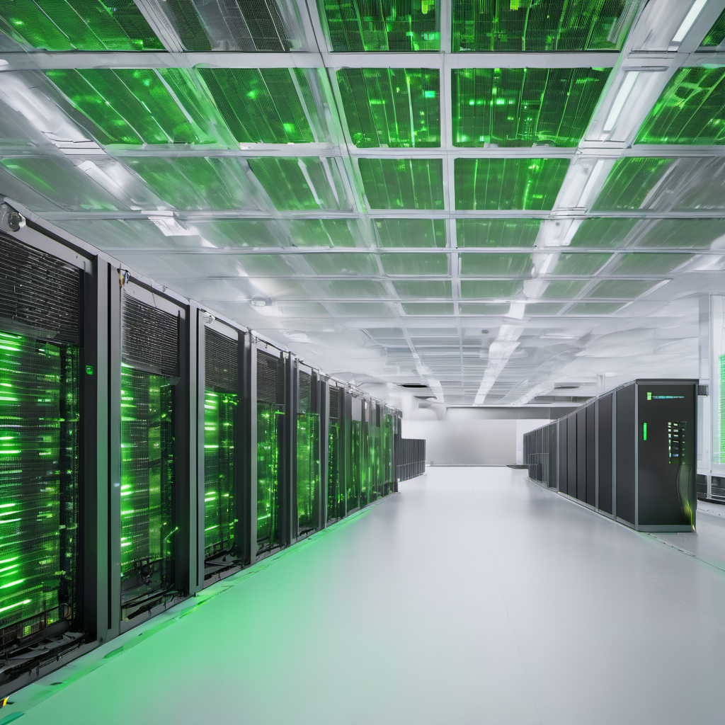 Data center with AI sensors and cooling systems, showcasing energy optimization and reduced emissions.
