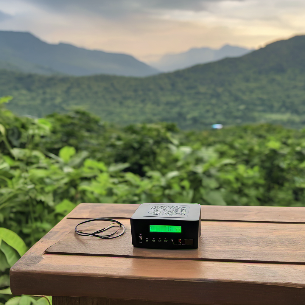 AI-powered environmental sensor in a rural outdoor location displaying real-time data on a local screen.
