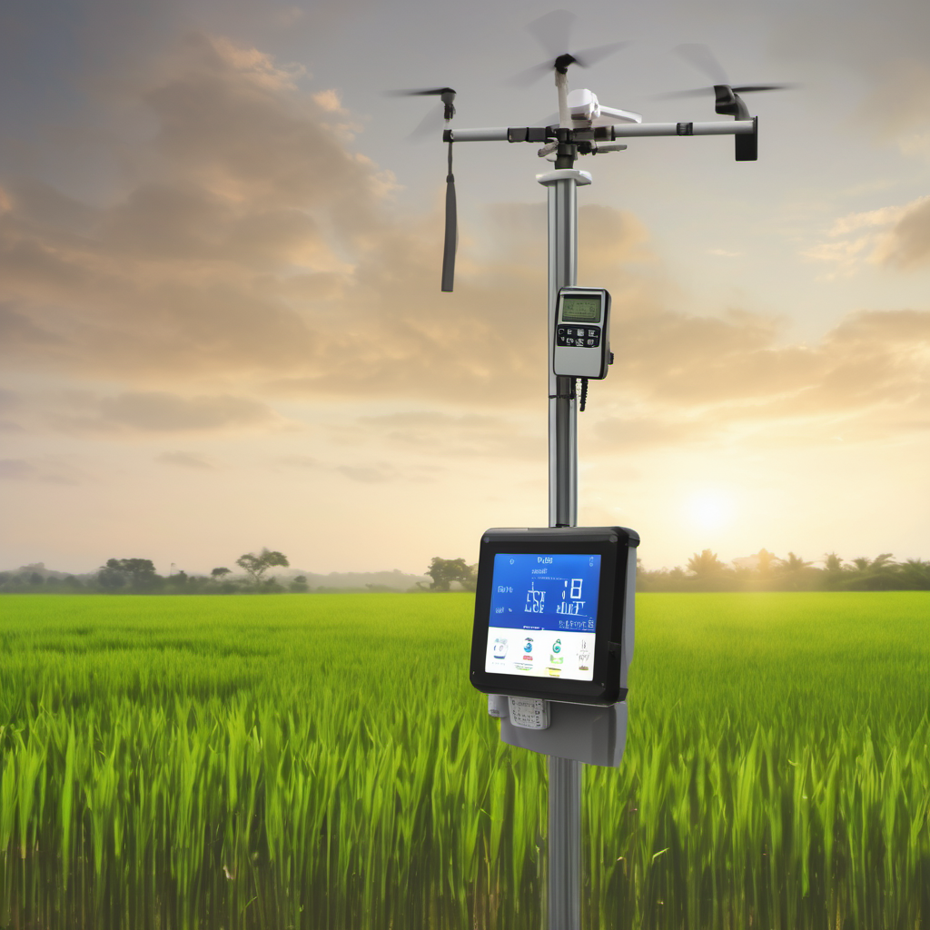 AI sensor box monitoring rice paddy conditions with local data display and farmer interaction.