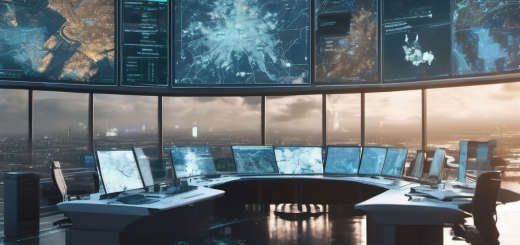 Futuristic control room with holographic disaster data visualization, AI processing nodes, and real-time sensor network overlays.