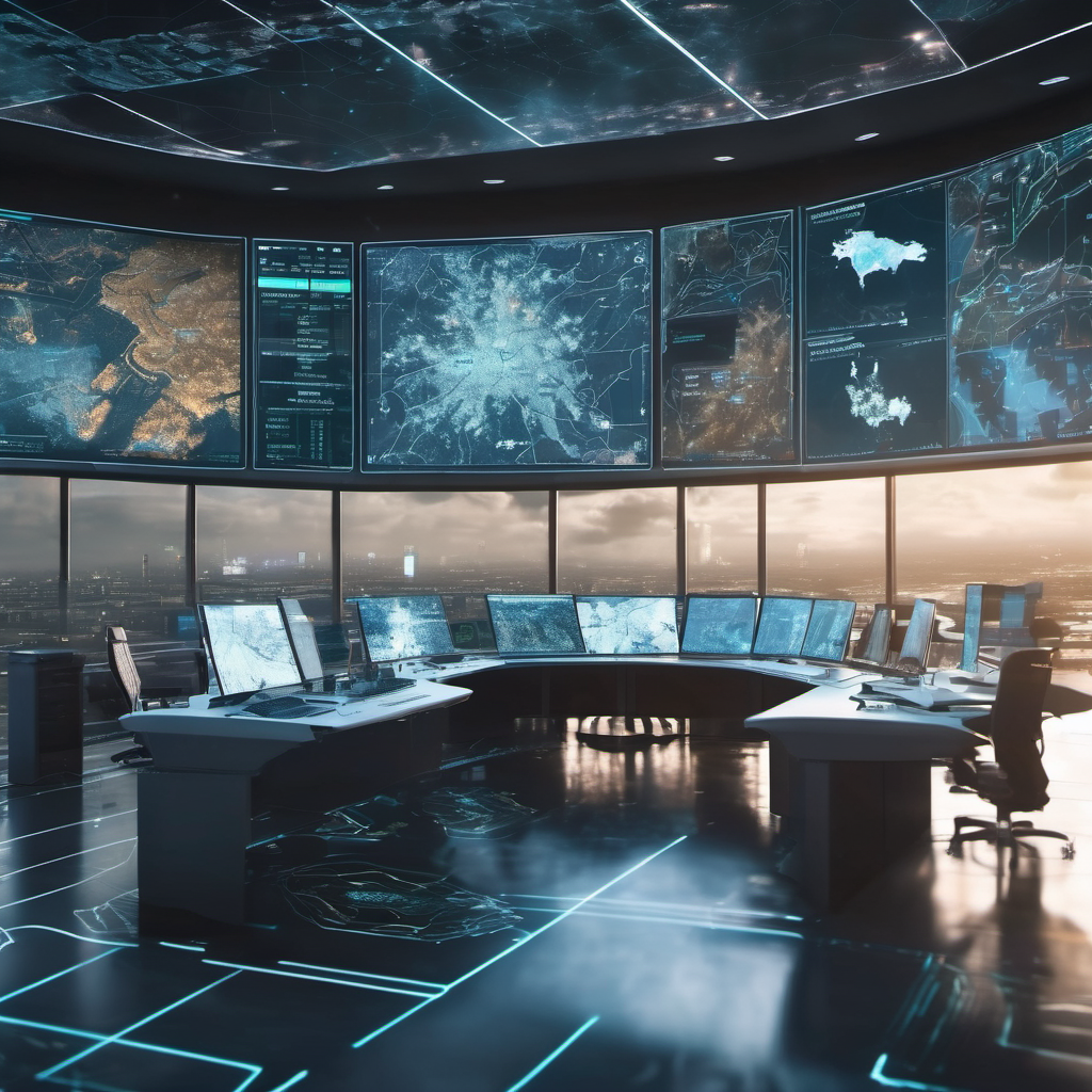 Futuristic control room with holographic disaster data visualization, AI processing nodes, and real-time sensor network overlays.