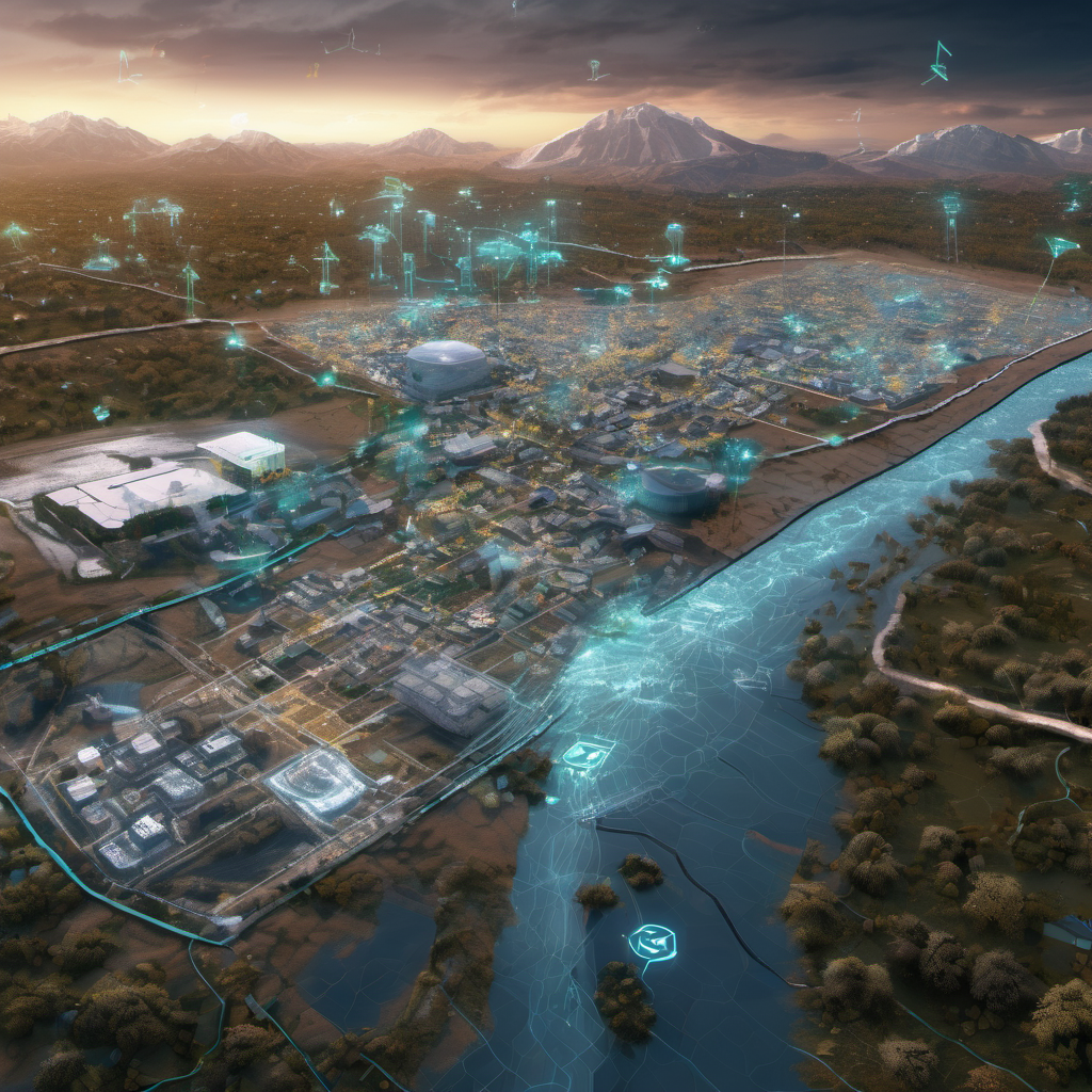 AI processing hub with neural network visualizations, satellites, drones, and IoT sensors analyzing flood and landslide risks.