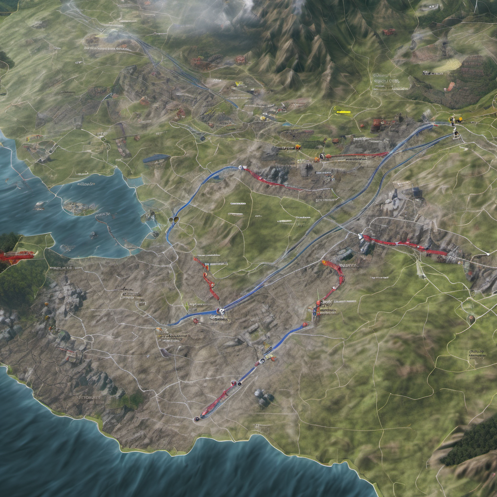 Real-time disaster map with automated resource allocation, rescue vehicles, drones, and dynamic route adjustments during a landslide.