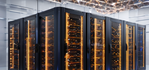 Futuristic micro-data center with AI-driven resource management, highlighting self-sustaining systems and neural network integration.