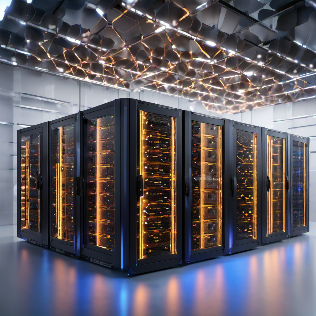 Futuristic micro-data center with AI-driven resource management, highlighting self-sustaining systems and neural network integration.