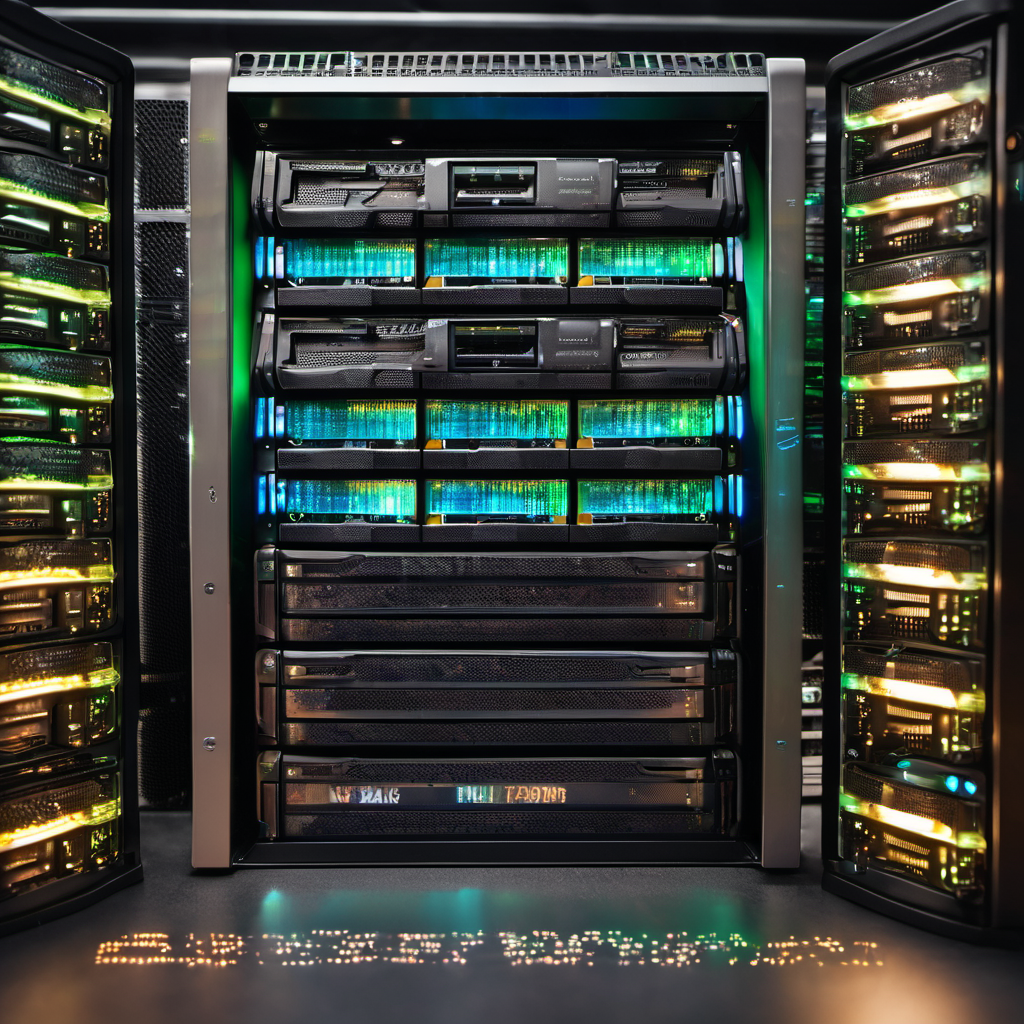 Server rack with real-time resource allocation visualization, showing dynamic CPU, RAM, and storage adjustments.