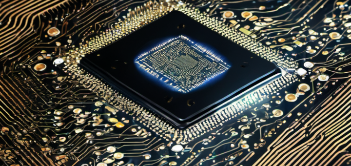 A high-tech AI chip with dynamic data flow, representing local processing without internet.